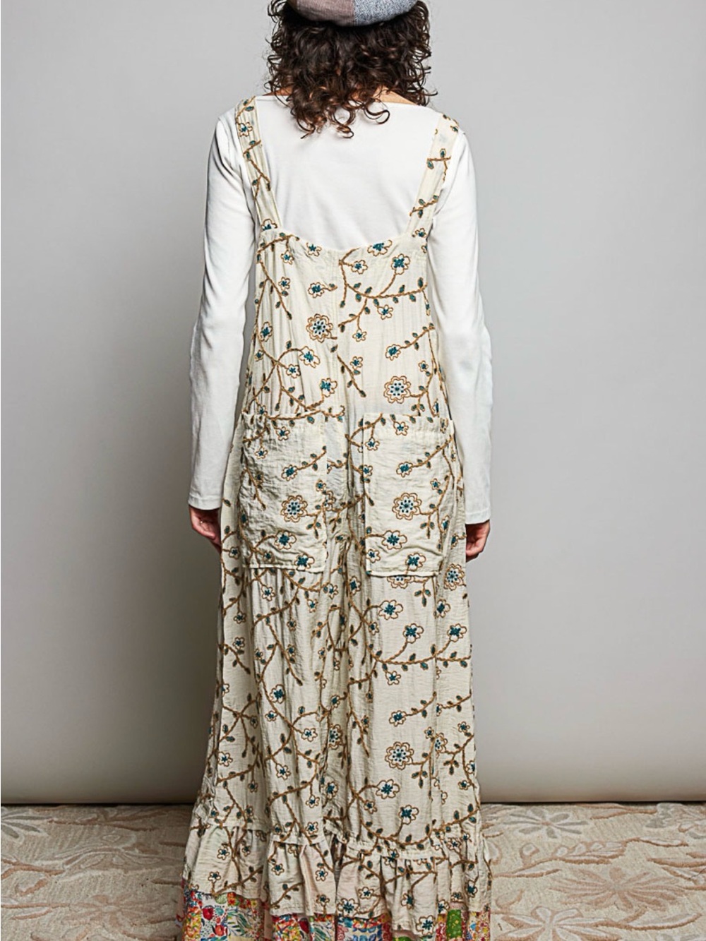 Bohemian Textured Floral Embroidered Wide-Leg Overalls - Cream - Picture 5 of 7